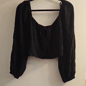 Wild Fable Black Cropped Blouse With Tie Front Keyhole Detail